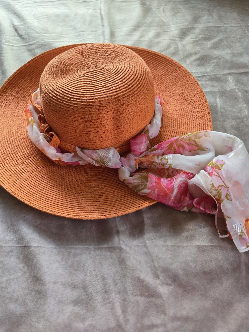 Women’s Orange Straw Sun Hat with Pink Floral Scarf Accent